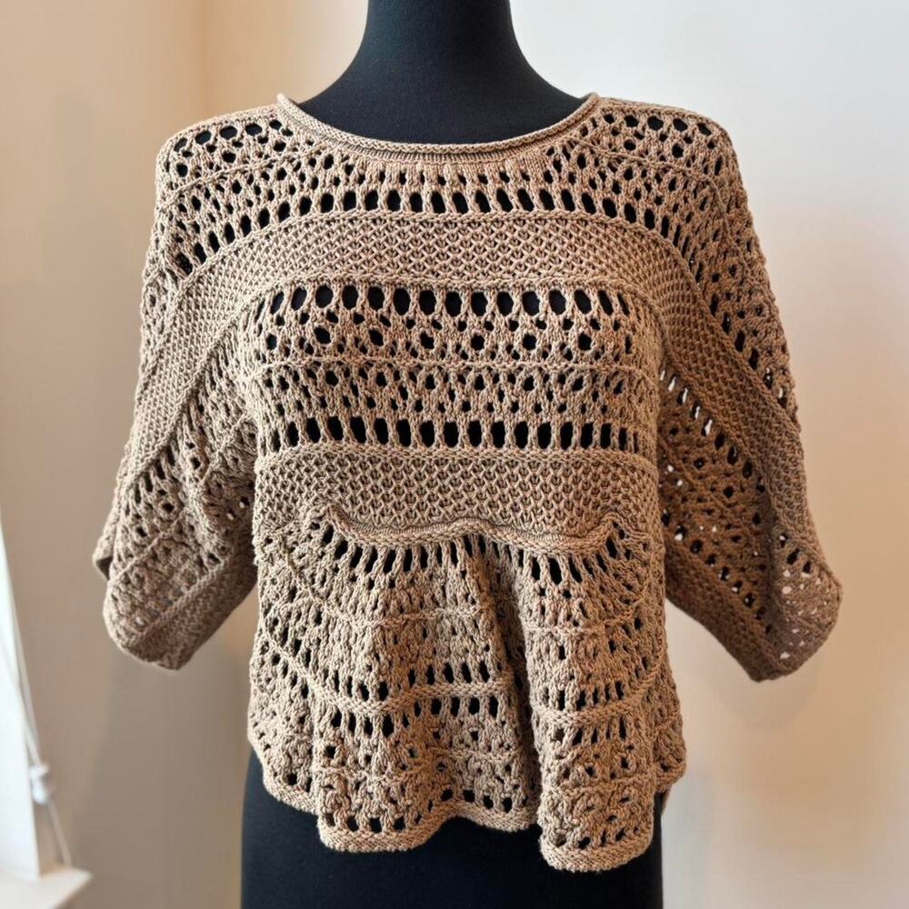 Workshop Brown Crochet Bohemian Open Knit Short Sleeve Cover Up Top Sz Medium
